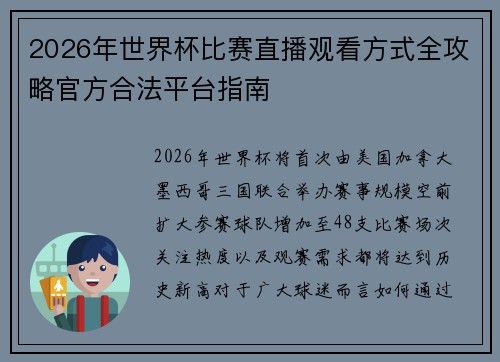 2026年世界杯比赛直播观看方式全攻略官方合法平台指南